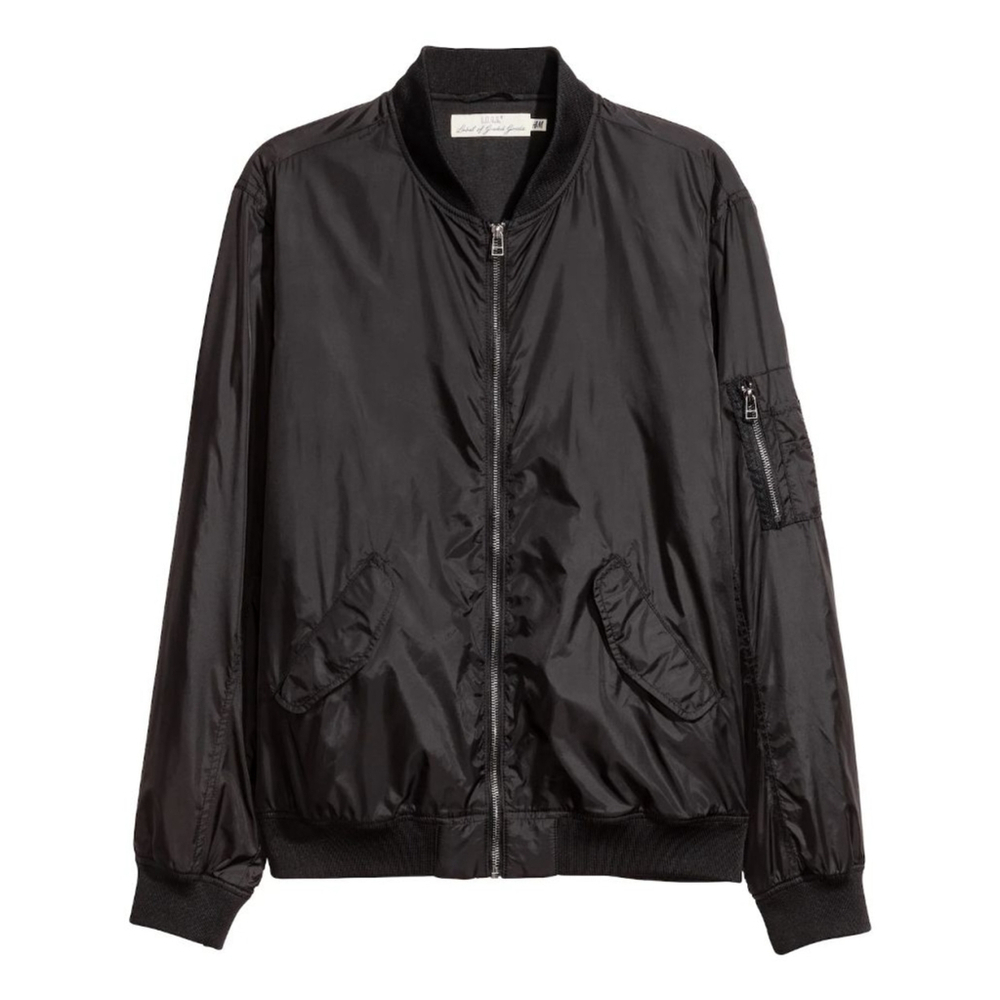 H&M Nylon Bomber Jacket with front Snap Flap Pockets, Inner Pocket Ribbed Hem